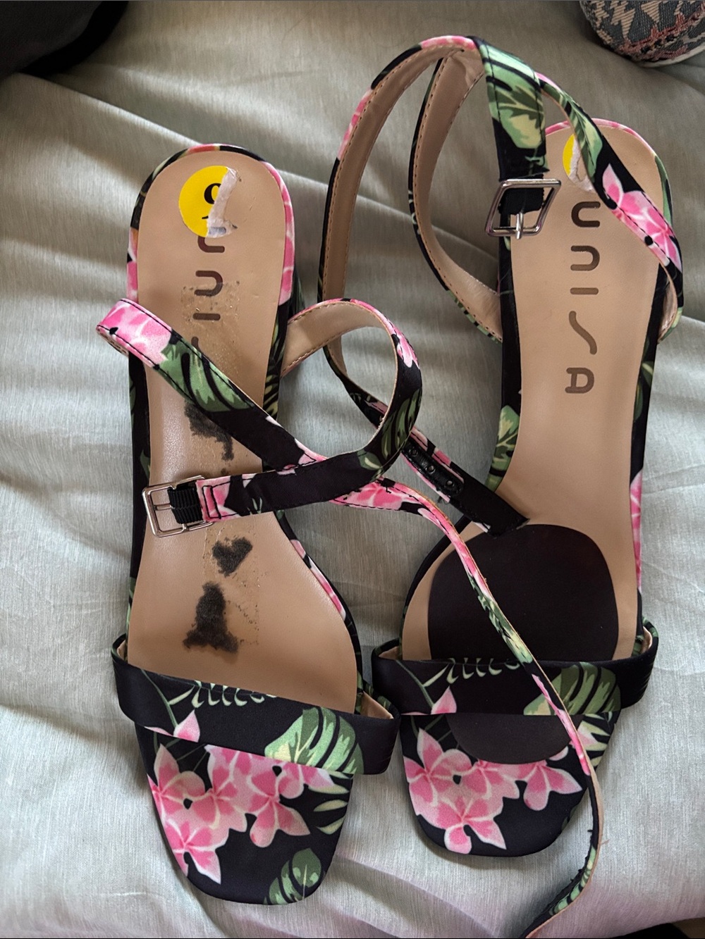 Unisa Black Floral Strappy Sandals with Pink & Green Accents